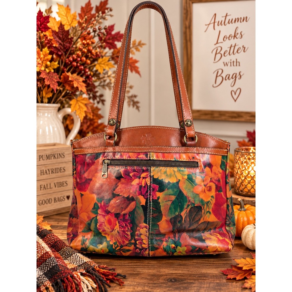 Patricia Nash Floral Leather Tote Bag Cognac Brown Shoulder Bag Handbag